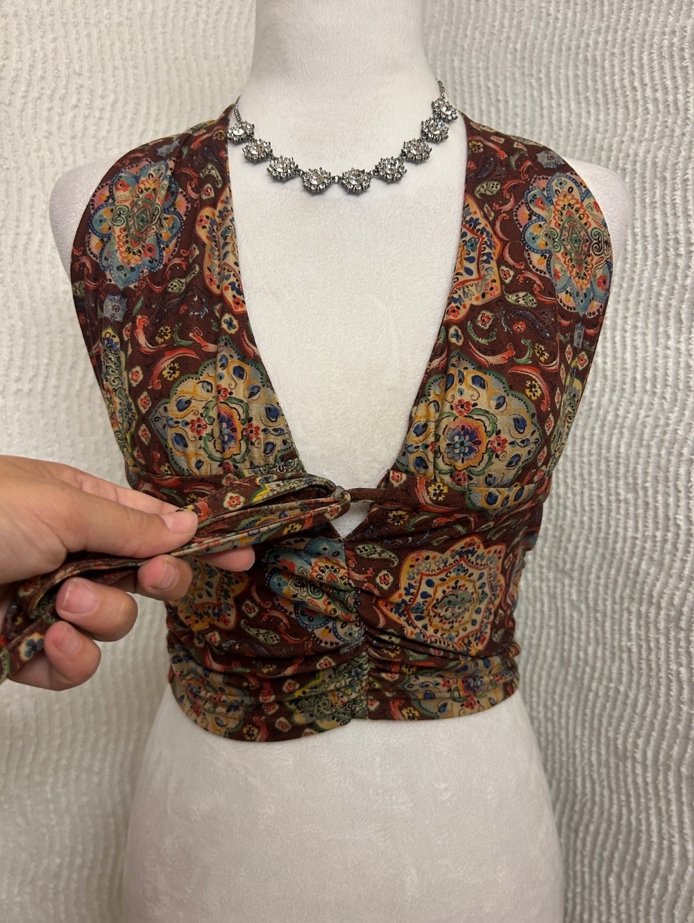 2 Piece Size Small Boho Tops Green Floral Bow Tank Brown Paisley Halter Y2K 70s - Picture 5 of 7